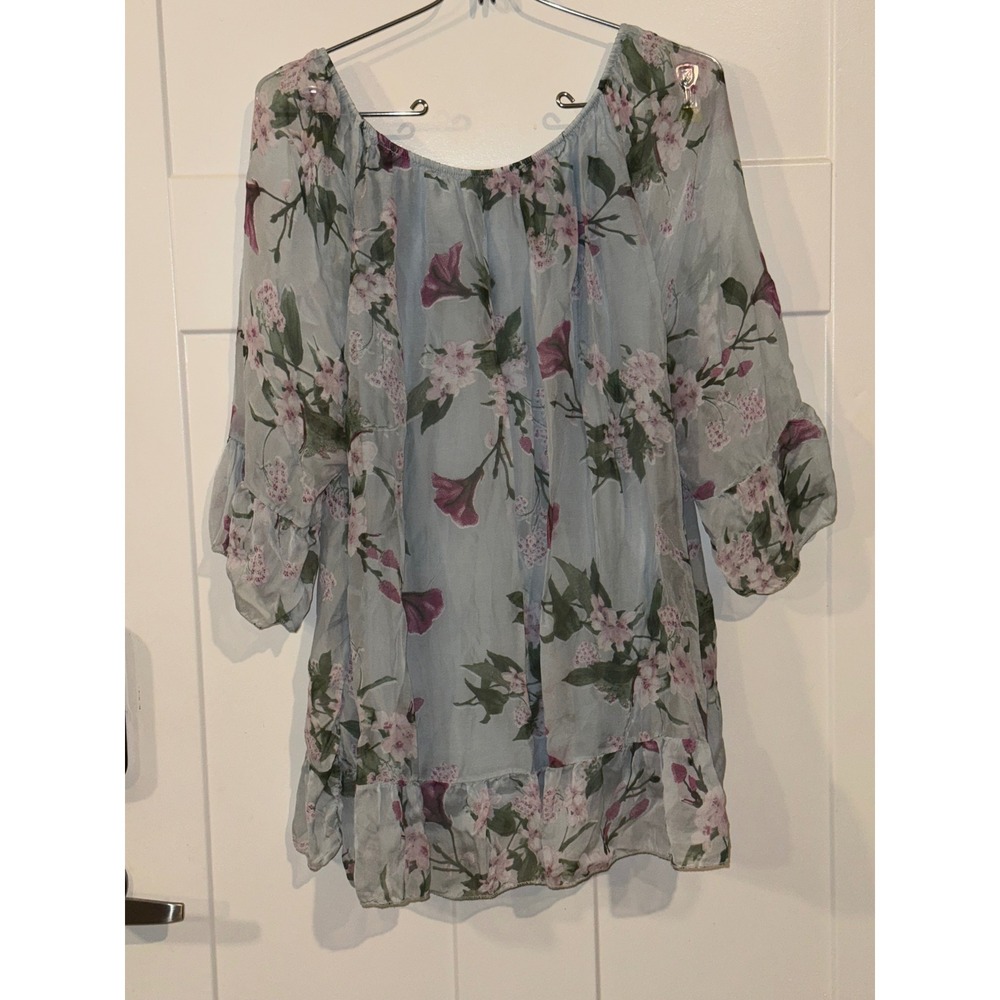 Lola Made in Italy Blue Floral Silk Ruffle Tunic Top 3/4 Sleeve Lined L/XL - Picture 2 of 9